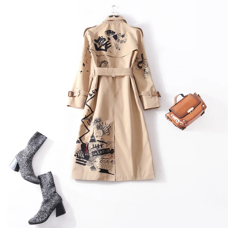 vent De Longue Cravate Section 2018 Coupe Double Plus rangée Taille Automne Kaki Imprimé Manteau Col Couture Femmes ICq1Bgw