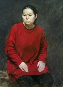 

Old artist hand-painted 24x36 inch canvas: Eastern portrait art dressed in red old women.