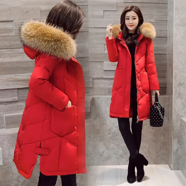 Red Women's Down Jacket Coat Real Fur Collar Winter Jacket Women Hooded