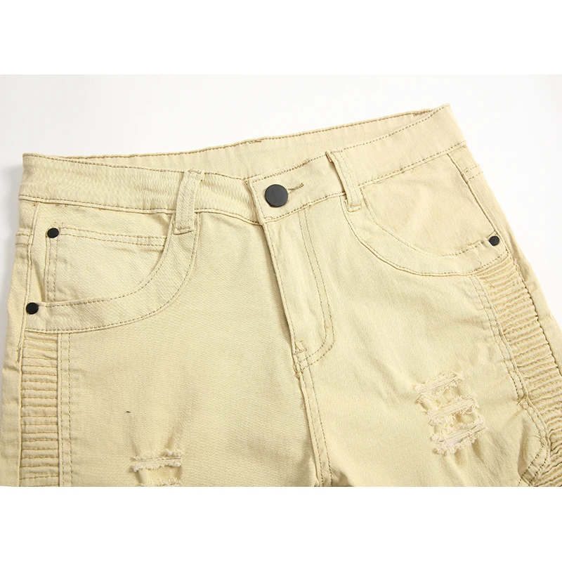 2019 New Fashion Khaki Biker Jeans Pleated Design Mens Skinny Slim Stretch Denim Pants Men Hip Hop Street Destroyed Ripped Jeans