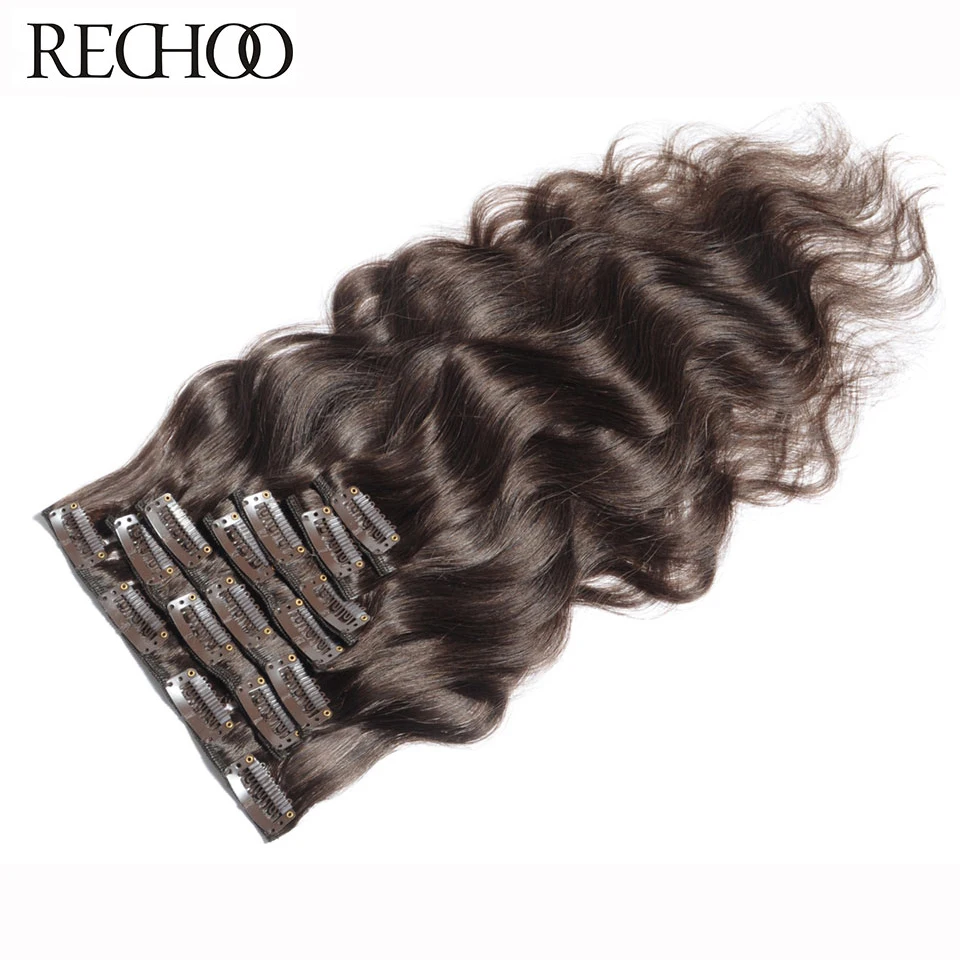 Rechoo Machine Made Remy Brazilian Clip In Hair Extensions Body Wave Human Hair Full Head Set 100g/set #4 Color with Hair Clip