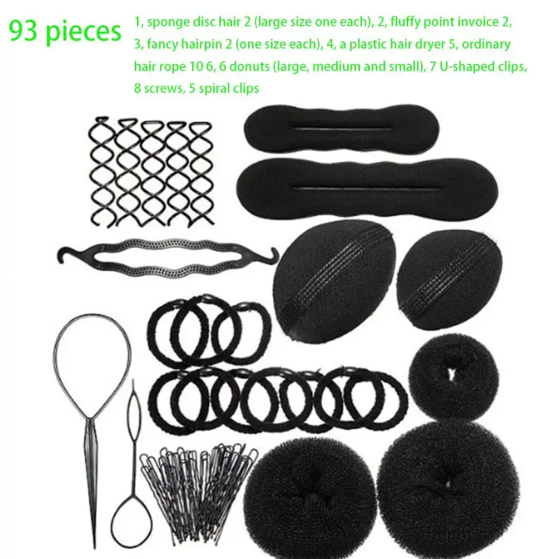

93Pcs/Set Women Girls Donut Bun Maker Magic DIY Hair Styling Accessories Kit Twist Braid Ties Gum Clips Hairdressing Pads Tools