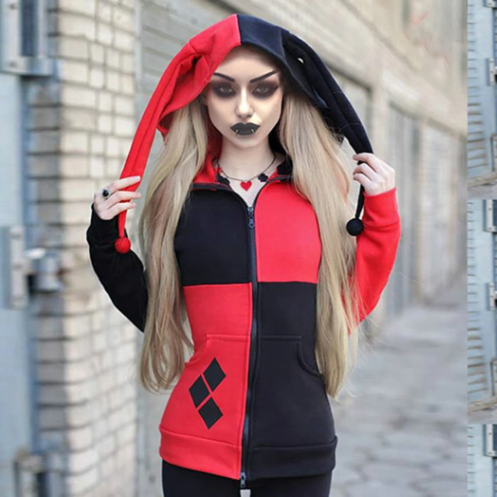 

Rosetic Gothic Hooded Women Oversize Autumn Hooded Black Gothic Coat Dark Red Women Patchwork Hooded Gothic Tops Female Jacket