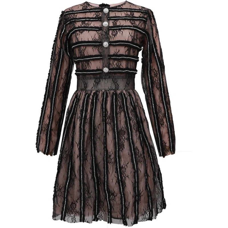 Винтажное черное вышитое бисером цветочное кружевное мини-платье для женщин летнее элегантное Брендовое дизайнерское Полосатое женское вечернее платье одежда