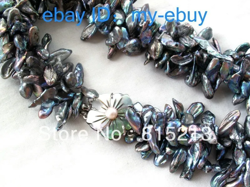

FREE SHIPPING>>>@@ > N781 3 Strands Black Rainbow Keshi Keishi Petal Pearl Necklace Shell Flower clasp