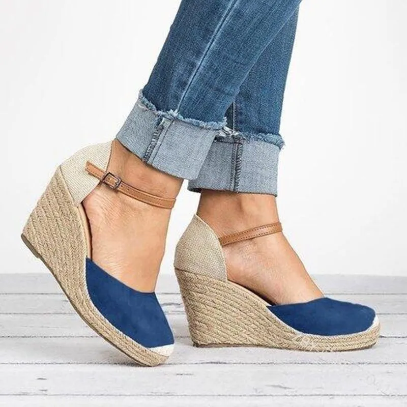 

SLHJC High Wedges Heel Pumps Shoes Retro Round Toe Cane Heel Platform Sandals Women Summer Autumn Plus Size Buckle Heels