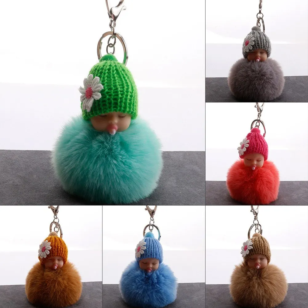 

Sleeping Baby Doll Keychain foot Pompom Pacifier baby fake Rabbit Fur Ball Key Chain Car Keyring Women Key Holder Charm jewelry