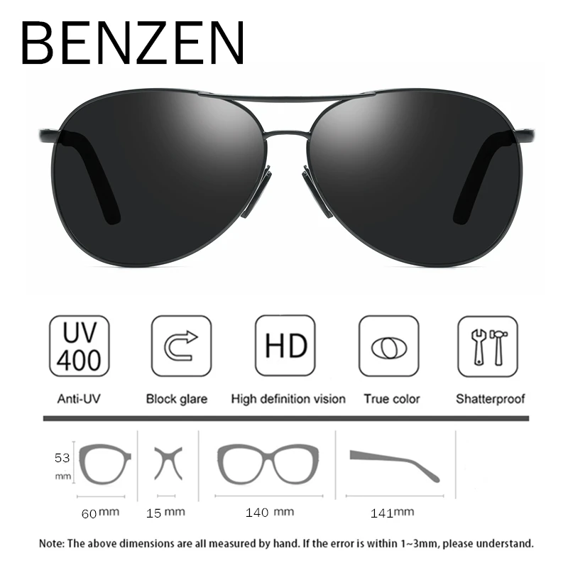 Baratos Gafas de sol BENZEN Pilot gafas de sol polarizadas Vintage para hombres gafas de sol para conducir gafas clásicas nuevo negro con funda 9295