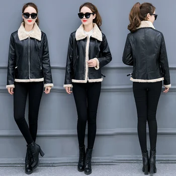 

patchwork leather ladies' short coat new velvet top 2017 fall and winter women trench warm overcoat korean fashion S-XXL