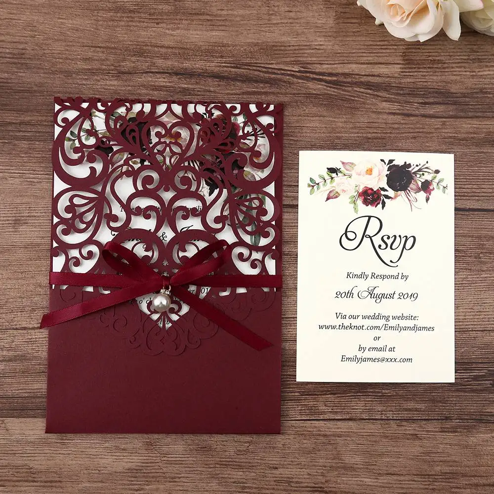 Invitaciones de boda cortadas con láser con tarjeta RSVP, cinta de perlas,  personalizable, azul marino, blanco, dorado y Burdeos, recién llegado, 1  pieza - AliExpress, image size:1000x1000
