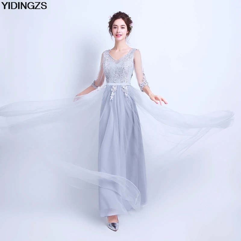 Yidingzs элегантный 3/4 Sleeve A Line бисером вечернее платье тюль Кружево аппликации халат