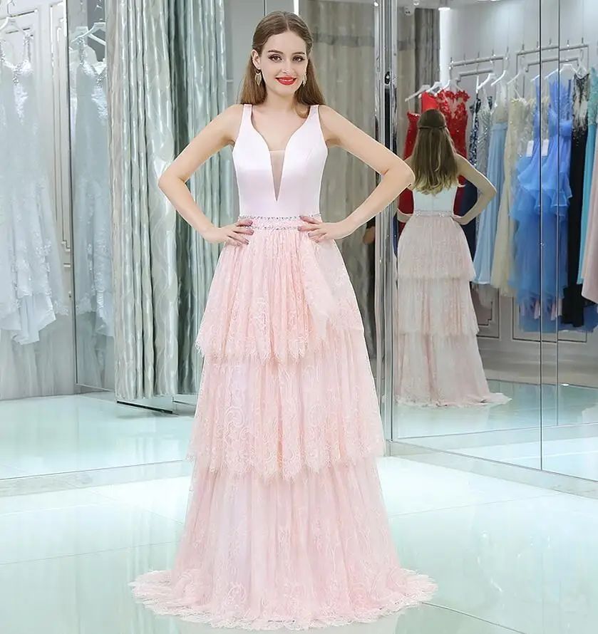 Blush Light Pink V Neckline Prom Dress A Line Lace Long