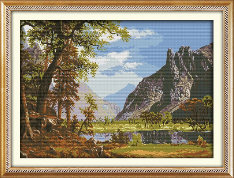 

landscape of lakes and hills cross stitch kit 14ct 11ct count printed canvas stitching embroidery DIY handmade needlework