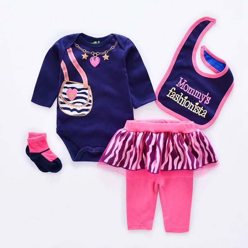 

2019 Long sleeve baby Clothing Sets cotton baby girl clothes Newborn boy suit 4pcs long sleeve infant rompers+trousers+socks+Bib
