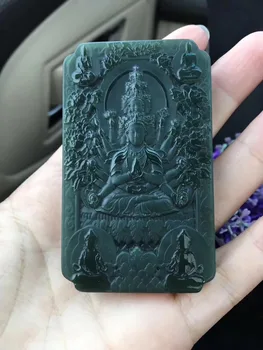 

Natural Xinjiang Hetian Yuqingyu Qianshou Guanyin Square Pendant hp367#