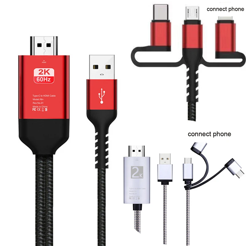 

Micro USB Type C Android iOS Phone HDMI Cable 3in1 Adapter 2K 1080P Video Converter for iPhone XS MAX XR Samsung S8 S9 S10 to TV