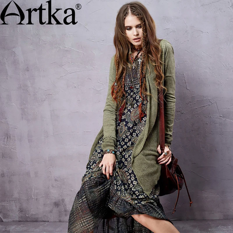 Artka Womens Vintage Solid Perforated Cardigan Long Sleeve Soft Breathable Ethnic All match Cardigan WB14057C