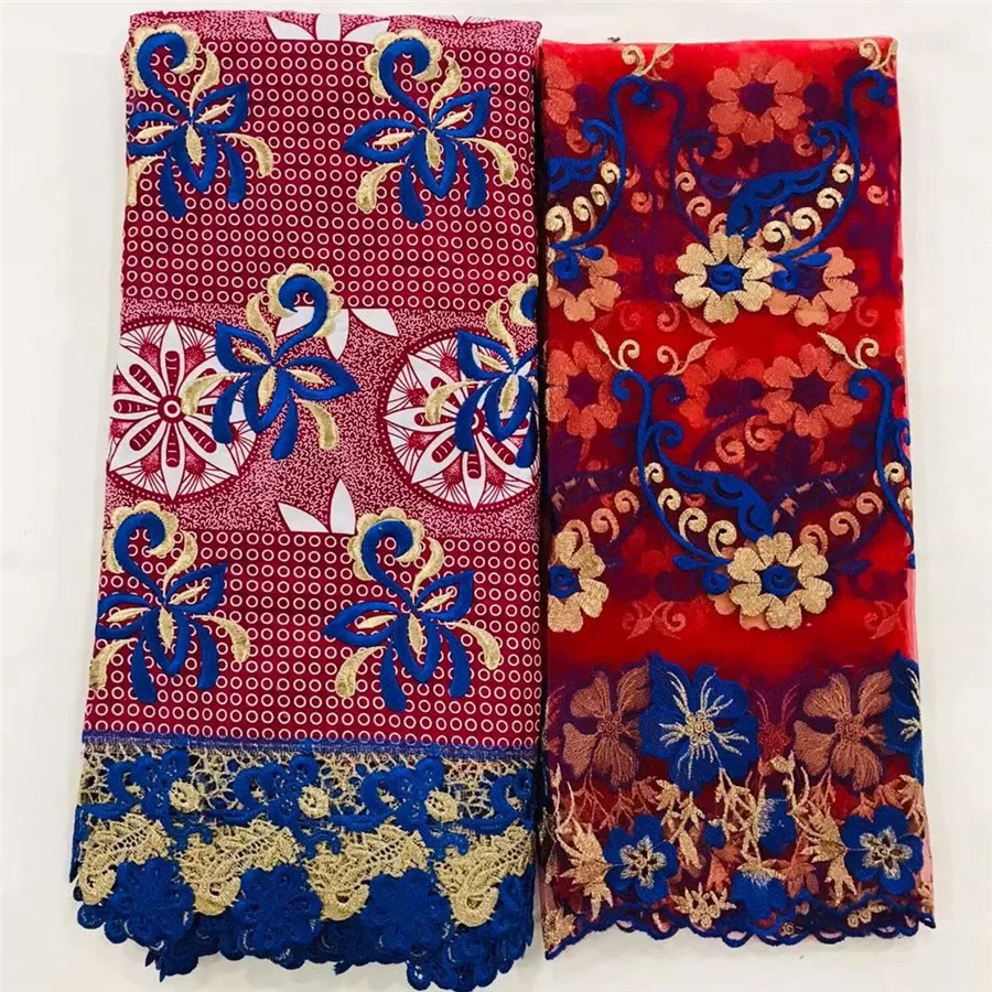 

(6y+2) beautiful African embroidery wax lace fabric and 2Y French cord net lace fabric for lady dress set WNL51