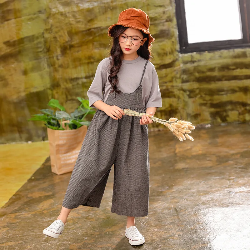 Girls Summer Clothing Set Kids Clothes Cotton linen Suit For Girl 6 8 12 13 14 Years Children's Costumes Casual Shirt+Jumpsuit