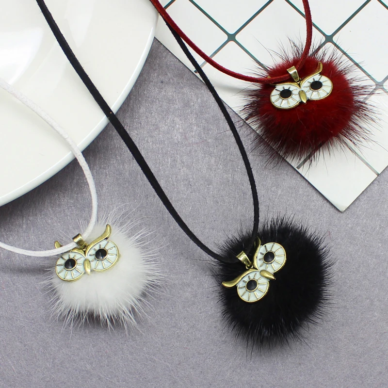 Long Leather POM Fur Ball Pendant Plush Necklace Sweater Chain  Fashion Jewelry 