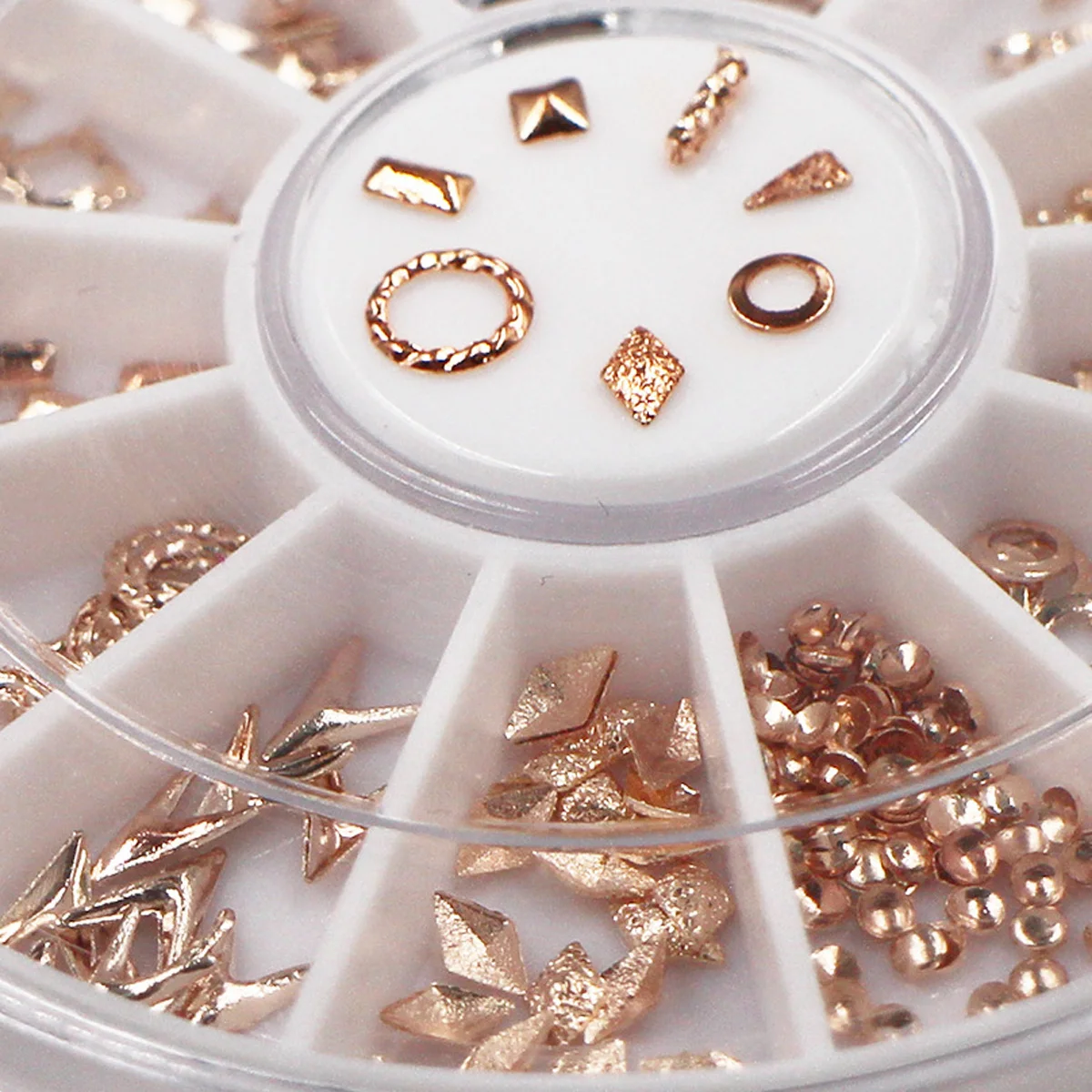 

Rose Gold Rivet Nail Studs Stripes Circle Star Round Square Triangle Mixed Accessories in Wheel for DIY 3D Nail Art Decoratio