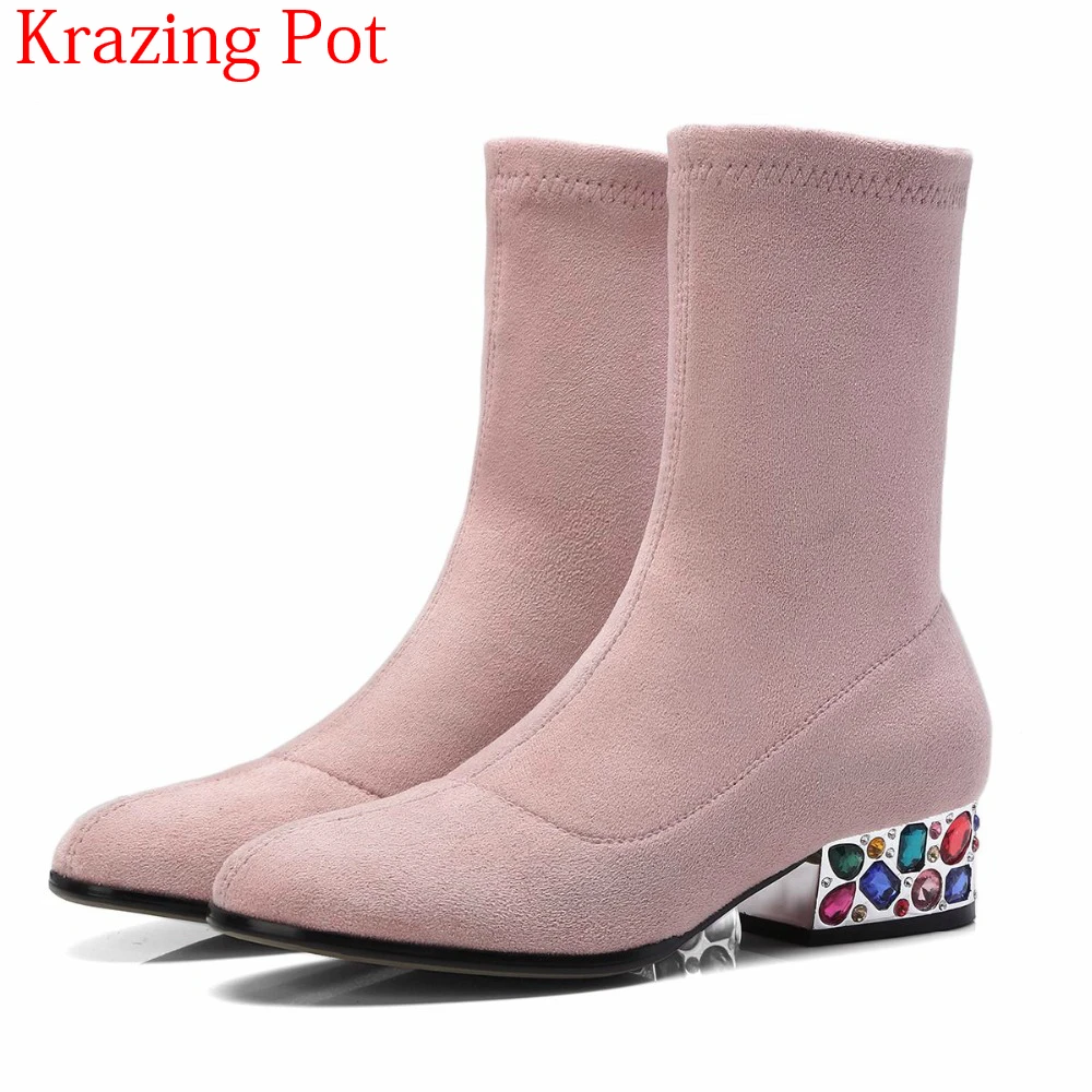

2018 Fashion Flock Elegant Vintage Round Toe Rhinestone Crystal Med Heels Mature Stretch Office Lady Women Ankle Boots L1f1