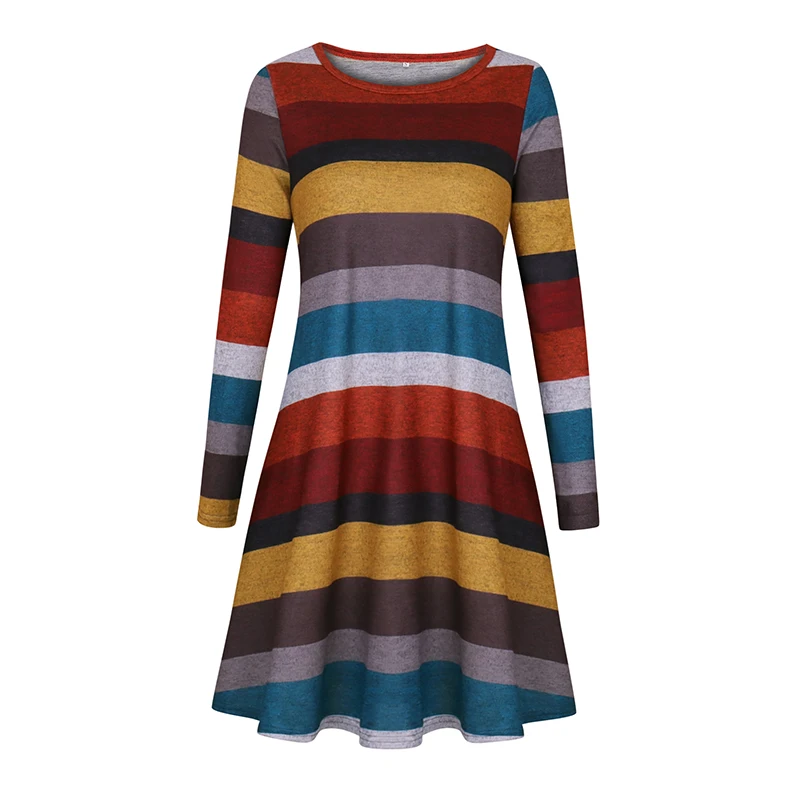 

ZEBERY Retro Long Sleeve Pleated Dress Women Casual Striped Knitting Sweater Dress Autumn Warm Clothing Vestido For Women