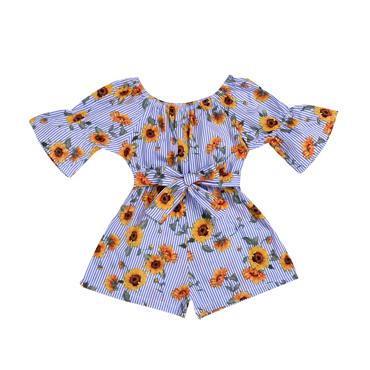 

Flower Romper Jumpsuits Toddler Girl Short Flared Sleeve Outfit Striped Clothes One Piece for Kids