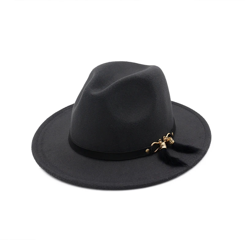 QIUBOSS, унисекс, Pannama, шерстяная фетровая шляпа с перьями, украшение, для мужчин и женщин, с широкими полями, джаз, Панама, шляпа, Chapeau QB29 - Цвет: Темно-серый