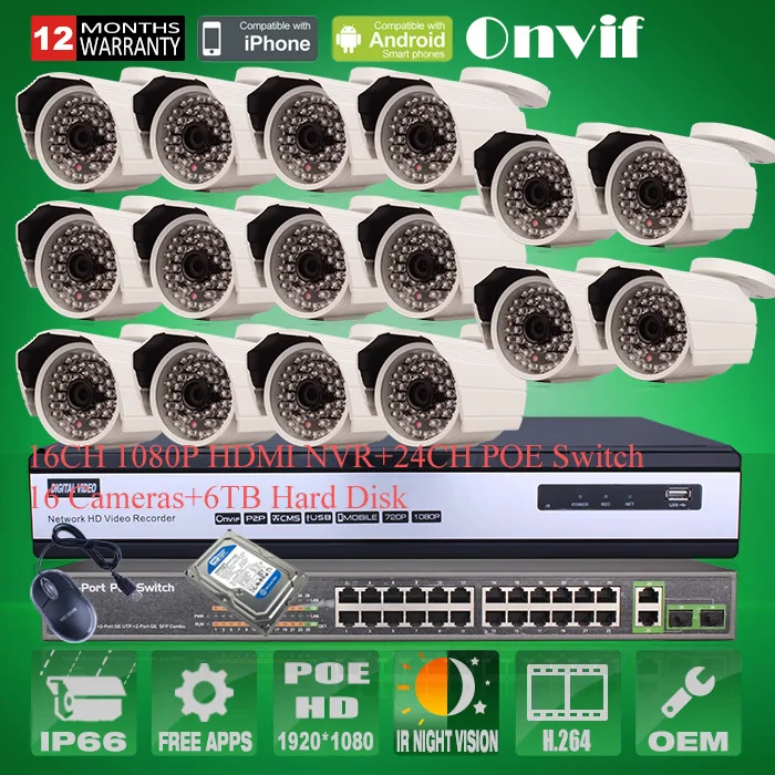 24ch PoE коммутатор H.264 16ch NVR CCTV Системы 2.0mp 25fps HD 1080 P 48 ИК Водонепроницаемый Onvif сеть