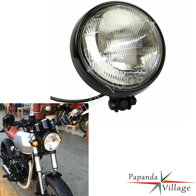 

Papanda Motorbike Black Custom 12V Head Light Clear Lens Head Lamp Universal for Harley Bobber Chopper Cafe Racer