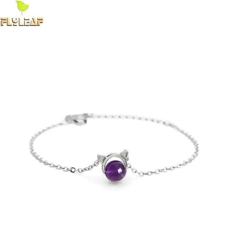 

Flyleaf Cat 100% Nature Stone Amethyst Real 925 Sterling Silver Bracelets For Women Fashion Fine Jewelry Bracelets & Bangles