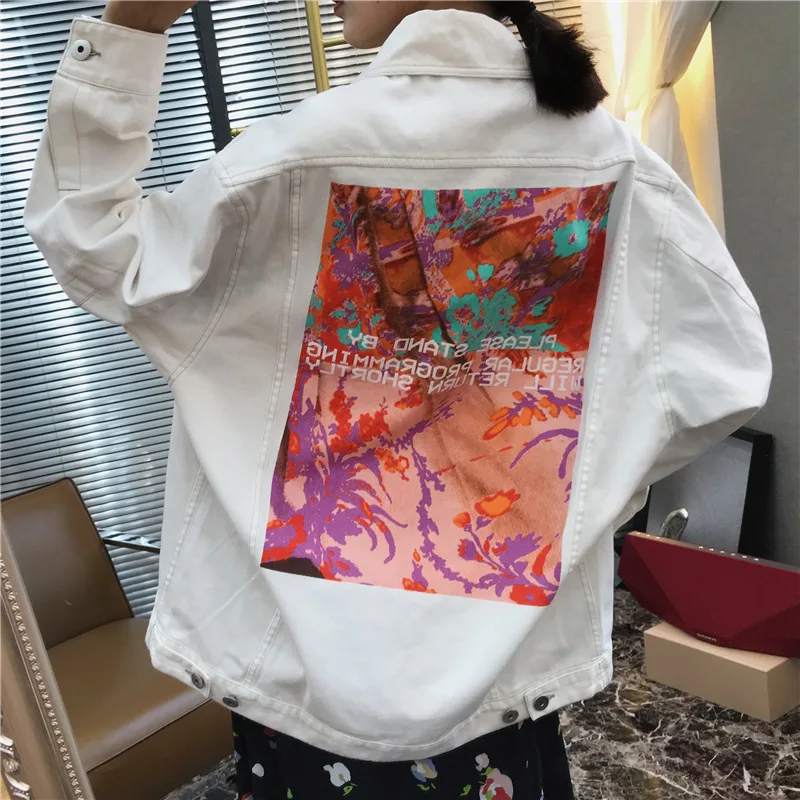 

Abstract Color Print Profile White Cowboy Jacket Woman 2019 Print Turn-down Collar Womens Jackets and Coats