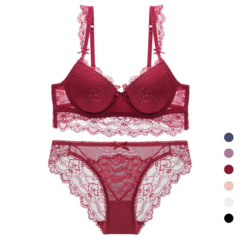 

Lace Sexy Bra Set Push Up Adjustable Three Quarters Medium Thickness Cup Underwear with Convertible Straps and Lace Briefs