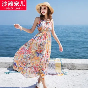 

Summer new women's suspender dress sleeveless chiffon dress long dress bohemian seaside holiday temperament beach dress