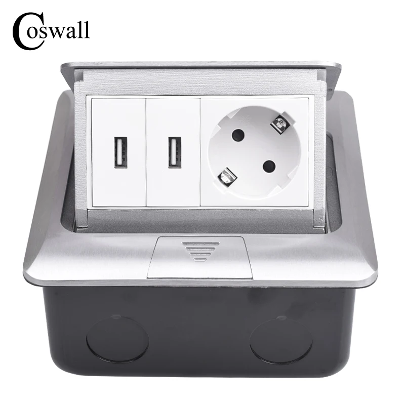 Coswall All Aluminum Silver Panel Pop Up Floor Socket 16A Russia Spain EU Standard Power Outlet With Dual USB Charge Port