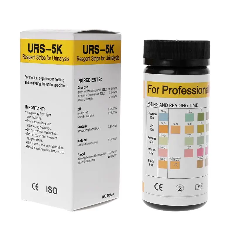 

100Pcs URS-5K Glucose pH Protein Ketone Blood Urine Test Strip Reagent Strip For Urinalysis With Anti-VC Interference Ability