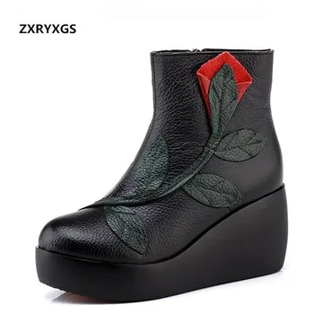 

ZXRYXGS Brand Boots Cowhide Flower Autumn Winter Boots Women Boots 2019 New Fashion Shoes Woman Leather Boots Wedges High Heels