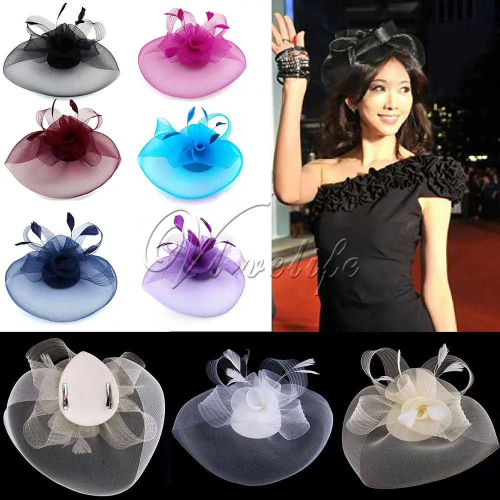 

Fashion Woman Girl Fascinator Veil Net Hat Topper Clip Cones Feathers For Wedding Party Races