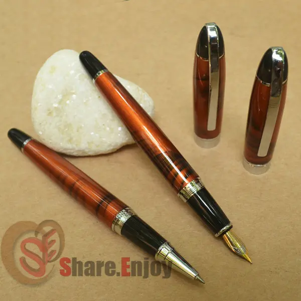 FOUNTAIN PEN + ROLLER BALL PEN 2 PCS BAOER 517 ORANGE MARBLE MEDIUM NIB