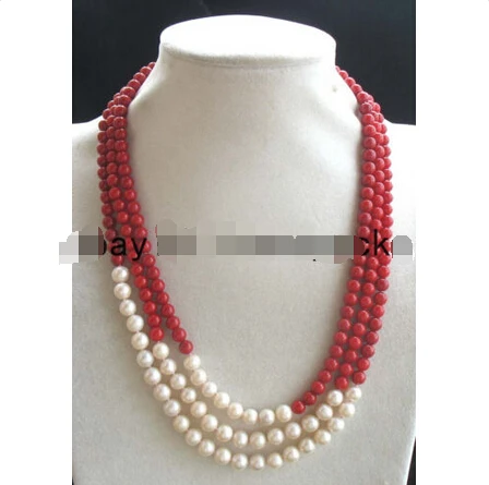 

3rows red coral freshwater pearl round necklace 19-21"^^^@^Noble style Natural Fine jewe FREE SHIPPING