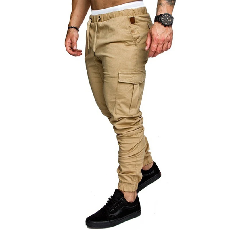 Мужские брюки-карго с несколькими карманами, с эластичной талией, в стиле хип-хоп, для фитнеса, одноцветные, повседневные брюки - Цвет: Khaki