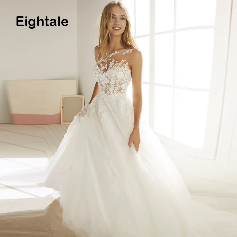 Vestido De Novia Romatico De Eigtale 2019 Cuello Redondo Apliques De Encaje Tul Transparente En La Espalda Vestidos De Boda De Princesa Bohemia Vestido De Novia Para Playa Vestidos De Novia Aliexpress