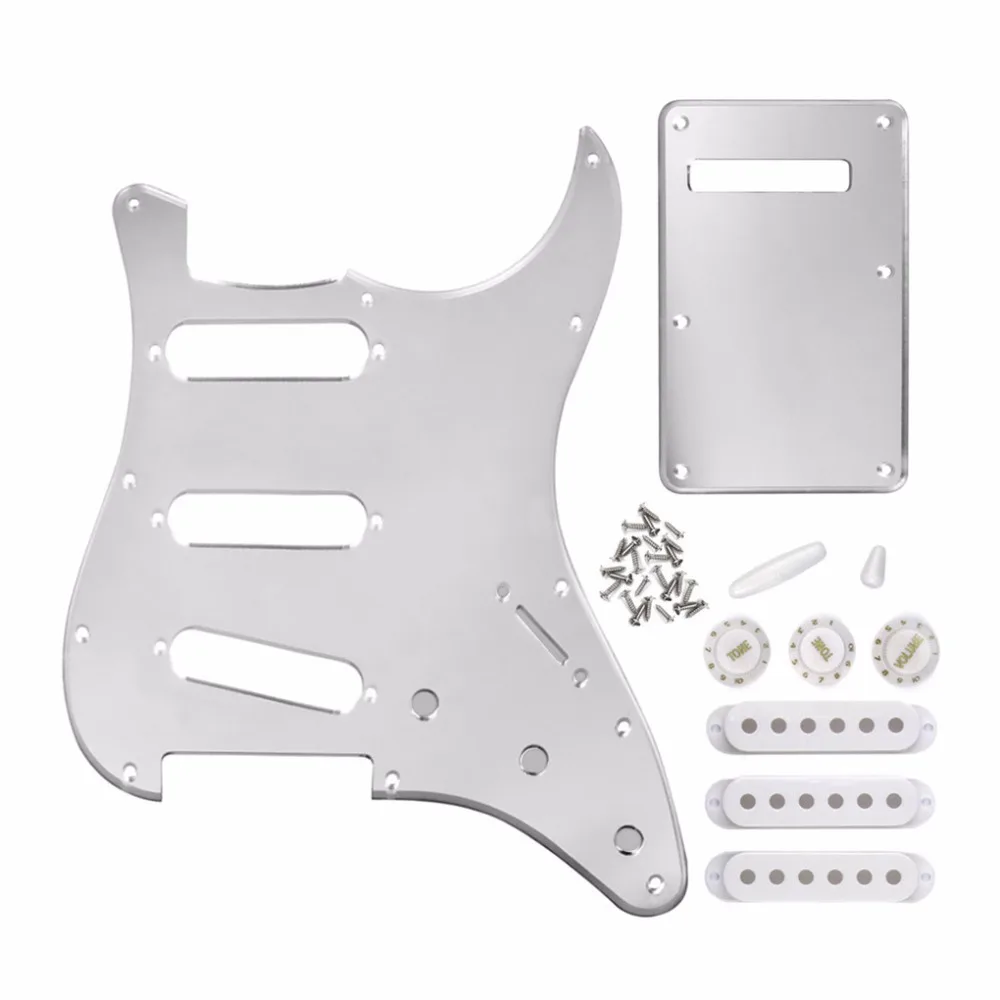 

Set of 1Ply Silver Mirror 11 Hole Guitar Pickguard SSS Back Plate Pickup Covers Knobs Volume Button for Strat Guitar Accessories