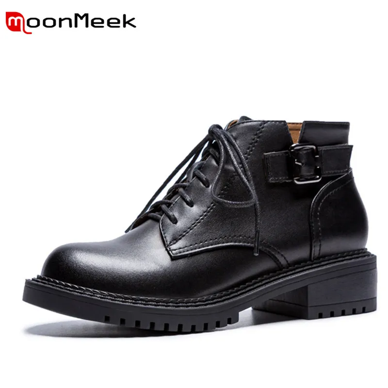 

MoonMeek 2020 fashion med heel women boots new arrive genuine leather ladies boots popular round toe ankle boots