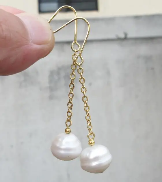 

NEW AAA 10-12MM SOUTH SEA WHITE DANGLE PEARL EARRINGS 14k/20 YELLOW GOLD HOOK