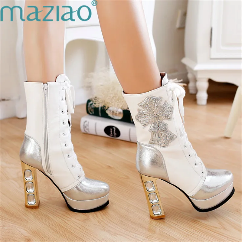 

Winter Boots Round Toe Warm Fur Ankle Boots Martin Boots Lace Up High Block Heels Luxury Platform Boots MAZIAO