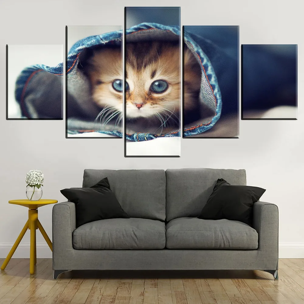 Wall Art Decor Framework 5 Pieces Animal Poster Lovely Blue Eyes Kitten Pictures For Living Room Artwork Canvas Prints Paintings | Дом и сад
