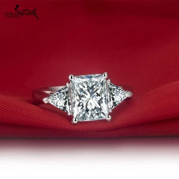 

COLORFISH Luxury 3 Carat Three Stone Silver Bridal Rings Square Cut Nscd Sona 925 Sterling Silver Engagement Rings For Women