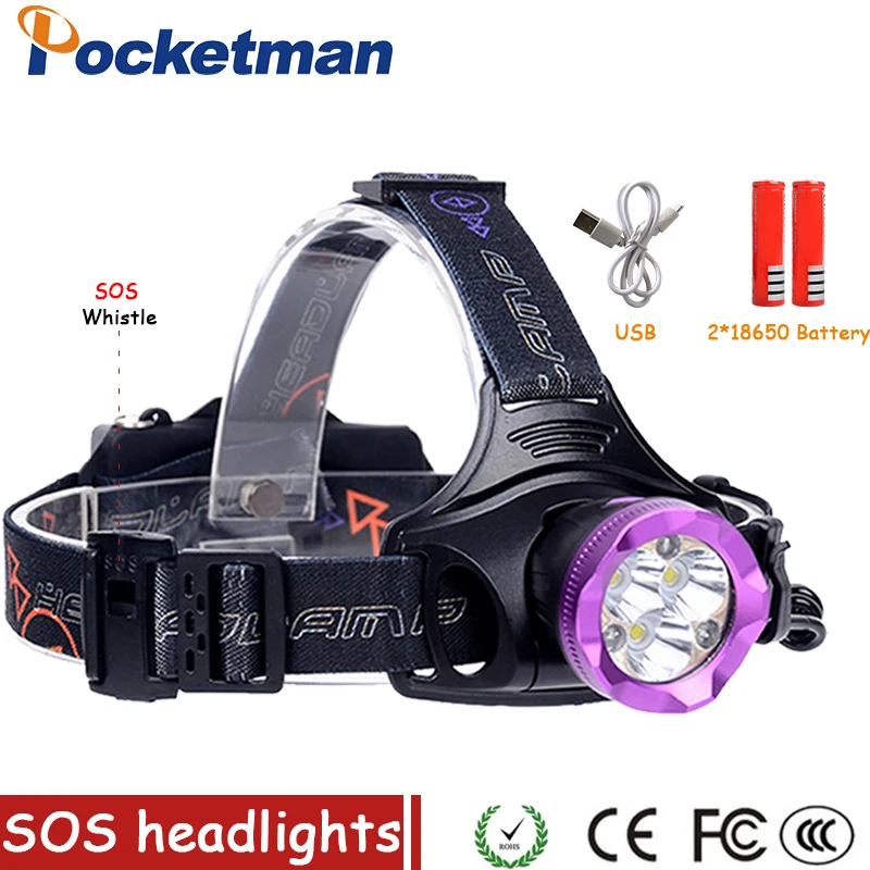 

USB headlight 15000lm 6 Led Headlamp with SOS Whistle 3* T6+3 Red light HeadLight Lamp use 18650 Battery for Camping Hiking